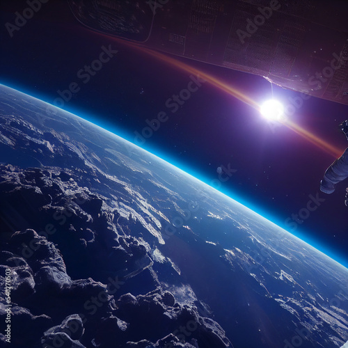 Astronaut in space against the backdrop of the planet. Photo from the space station. The view of the planet from space. 3d illustration