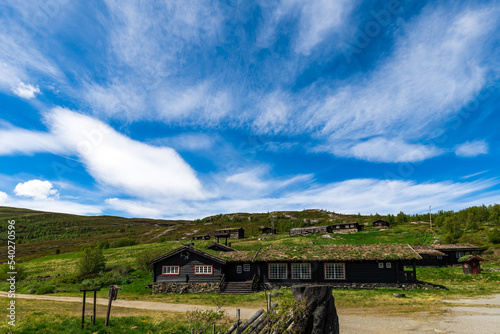 Traditional Wooden Scandinavian Eco Cabins With Grass Roof In The Mountains Of Alesund Norway
