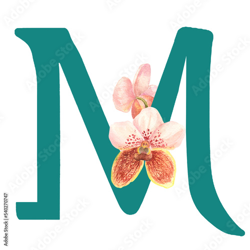 Fototapeta Naklejka Na Ścianę i Meble -  Custom hand drawn vanda orchids alphabet letter M