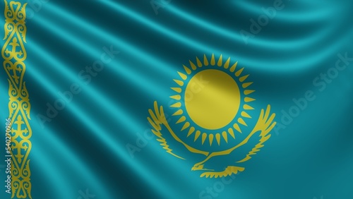 Render of the Kazakhstan flag flutters in the wind close-up, the national flag of Kazakhstan flutters in 4k resolution, close-up, colors: RGB. High quality 3d illustration