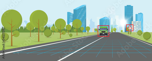 AI autopilot view on screen interface, blue and red HUD. Highway to hill, city on background. Autonomous car interface and road sign identification. Alert warning red AI detection.