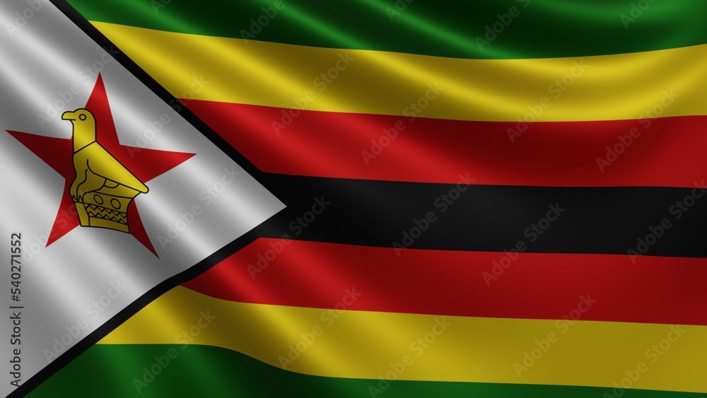 Render of the Zimbabwe flag flutters in the wind close-up, the national flag of Zimbabwe flutters in 4k resolution, close-up, colors: RGB. High quality 3d illustration - obrazy, fototapety, plakaty 