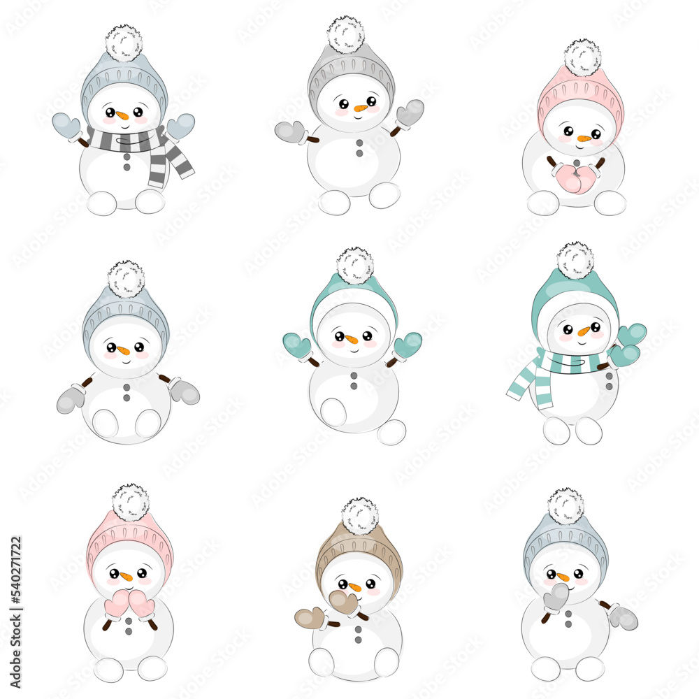 Set of cute snowmen Christmas vector illustration