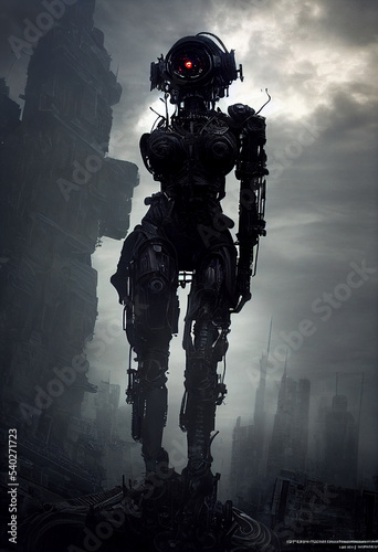 A humanoid robot in a post-apocalyptic world. Robot woman in a ruined city. Terminator robot in the future.