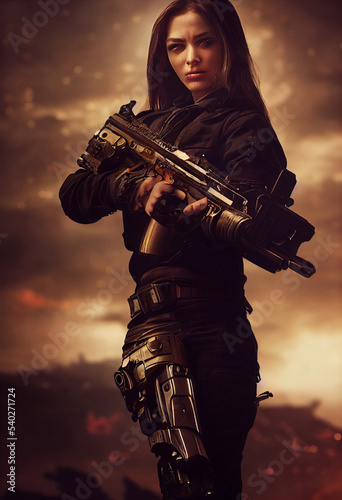 Fototapeta A female terminator in a post-apocalyptic world