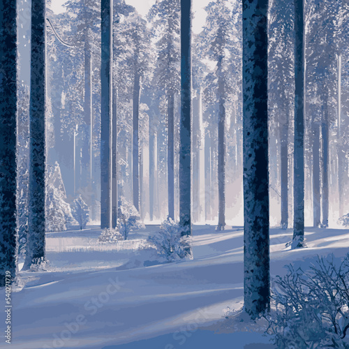 Winter landscape with hills in snow, fir trees and sky. Panoramic snowy nature scene. Scenery with mountains in cold frosty weather. 