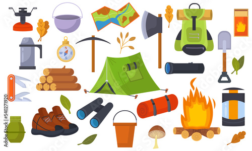 Outing equipment for hiking trips. Summer travel and camp adventure outdoor icon set. Collection of tourist tool and campground. Cartoon elements recreation trekking and survival vector illustration