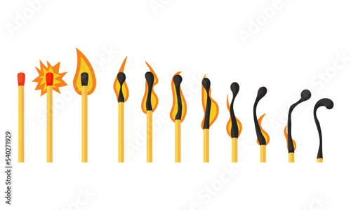 Burning match animation and flame ignite wooden stick. Matchstick fire sequence isolated icon set. Cartoon burnt step and element motion effect. Row flammable animated loading vector illustration