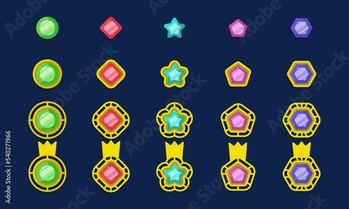 Game gem progress set and cartoon gui icon. Collection level up award amulet and asset interface. Jewelry achievement insignia and diamond token with crown. Cartoon precious trophy vector illustration