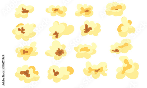 Set cartoon kernels popcorn and pop corn snack. Collection tasty icon grain maize and salty eat. Caramel sweetcorn for movie and isolated single nutrition. Closeup fluffy treat vector illustration