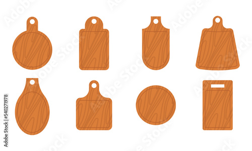 Set cartoon wooden pizza board. Restaurant empty utensil for food and chop board for kitchen icon isolated white. Handles plank tray for cutting and cooking. Textured hardboard vector illustration