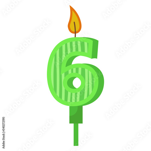 Birthday candles with numbers six and fire. Colored icon for anniversary or party celebration. Holiday candlelight with wax and funny cartoon candle for cake. Vector illustration