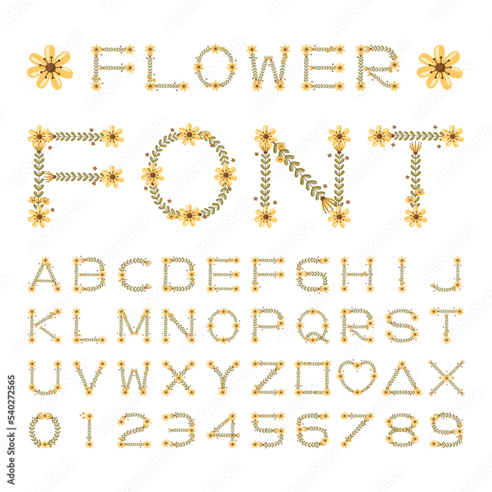 Isolated summer flower font alphabet character with number and symbol, Vector floral wreath ivy style with branch and leaves.