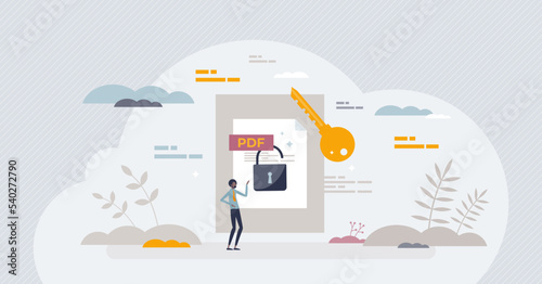 Unlock PDF tool for file editing and document access tiny person concept. Open password locked information with software tool vector illustration. Application to allow text adding and changes making.