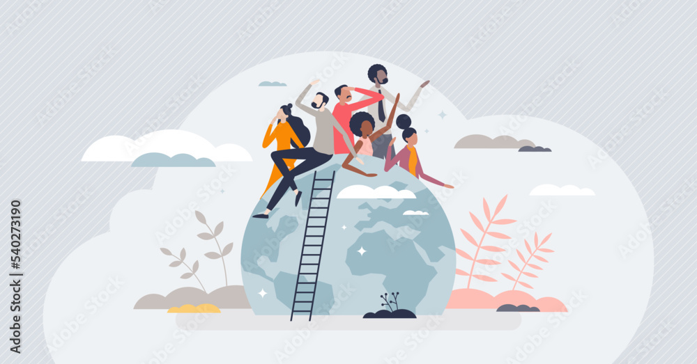 Population of the world with various ethnic groups tiny person concept. Worldwide community and society characters with all culture and racial types vector illustration. Global solidarity and unity. - obrazy, fototapety, plakaty 