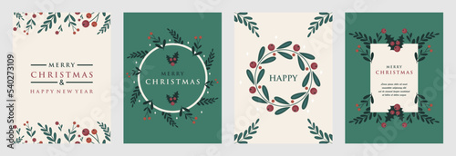 Merry Christmas and New Year posters or Greeting cards set Template with Floral design. Trendy retro style. Vector design elements.