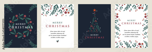 Merry Christmas and New Year posters or Greeting cards set Template with Floral design. Trendy retro style. Vector design elements.