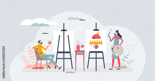 Paint and sip as creative art entertainment for couple tiny person concept. Fun activity for carefree relaxation experience as watercolor painting and alcohol drinking combination vector illustration. photo