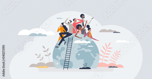 Population of the world with various ethnic groups tiny person concept. Worldwide community and society characters with all culture and racial types vector illustration. Global solidarity and unity.