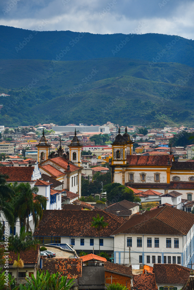 A high-angle view of the historic district of Mariana town, Minas Gerais state, Brazil