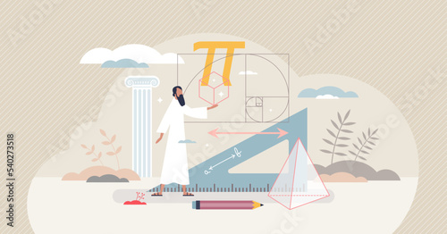 History of mathematics as old algebra and geometry times tiny person concept. Ancient greek teacher with fibonacci numbers, formulas, algorithm and equation skills vector illustration. Theory thinking