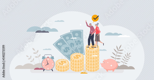 Pension fund and deposited finances for elderly times tiny person concept. Financial plan with income part deposit for senior retirement vector illustration. Investment in elder welfare security.