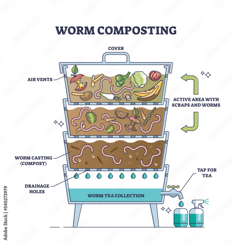 Worm composting method as ecological garbage management outline diagram.  Labeled educational scheme with technical process and levels explanation  vector illustration. Natural scraps and worms compost. Stock Vector