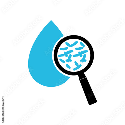 Water drop with magnifier and bacterium legionella. Symbol of legionella water test. Icon of legionnaire disease. vector illustration