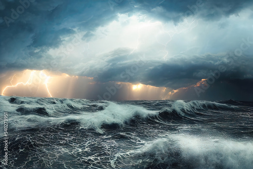 Fototapeta Naklejka Na Ścianę i Meble -  3D Illustration, Digital Art, a storm in the middle of the ocean with extremely agitated huge waves and dangerous thunders in the background.