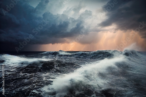 3D Illustration, Digital Art, a storm in the middle of the ocean with extremely agitated huge waves and dangerous thunders in the background. photo