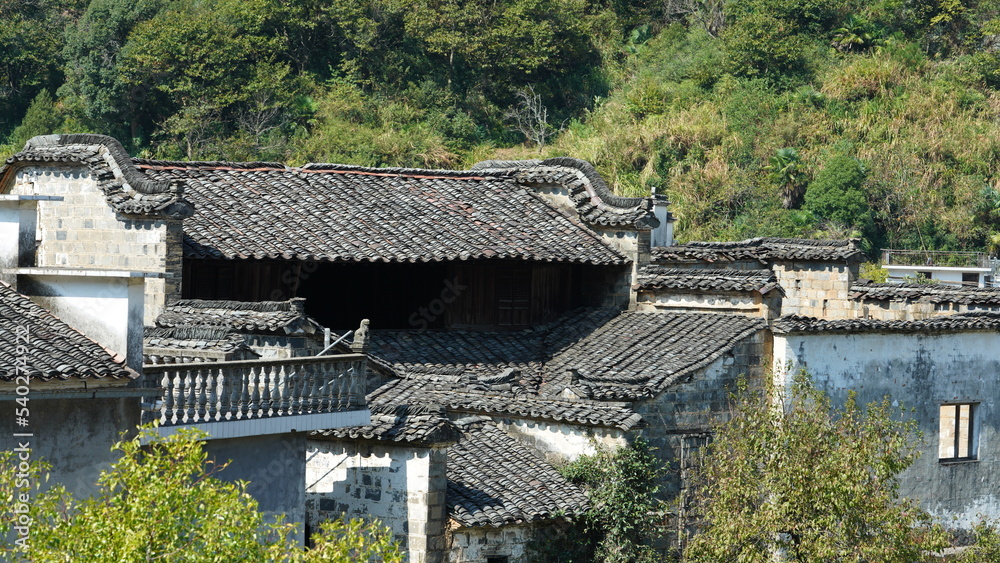 Fototapeta premium The beautiful traditional Chinese village view with the classical architecture and fresh green trees as background