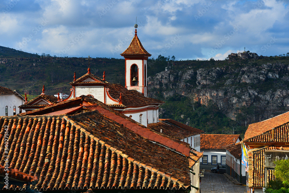 The Church of Our Lady of Carmo in the historic, UNESCO World Heritage listed town of Diamantina, surrounded by the rugged Serra do Espinhaço range, Minas Gerais state, Brazil