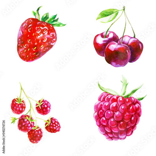 Watercolor illustration, set. Strawberries, raspberry, cherry berries on a branch, halves of berries.