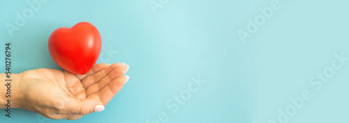 a woman's hand and a rubber toy heart red on a blue background, banner, copyspace on the right. concept woman gives love, organ donation, give life to a man. Mom's love