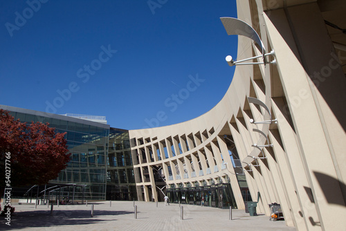 This view shows the Salt Lake City Utah Public Library. The building is a recent construction in the center of the city and is widely used by patrons. This view shows the exterior of the library.