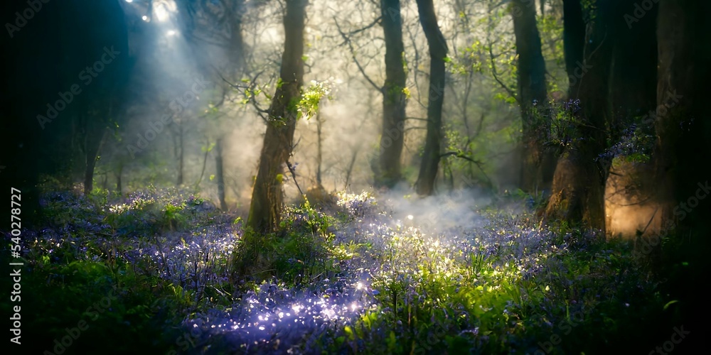 Ethereal forest scene with bluebells