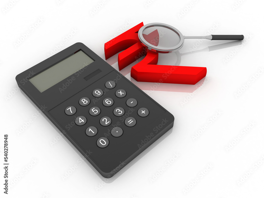 3D rendering illustration Rupee currency with calculator near lens 3D rendering illustration Rupee currency with calculator near lens