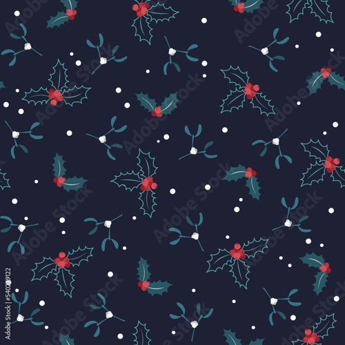 Christmas seamless pattern for wrapping paper, postcards, holiday background. Holly with mistletoe on a dark background.