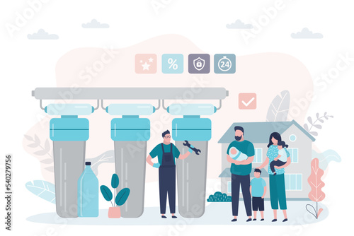 Specialist installs liquid filters in house. Worker with tools installs system of aqua purification for family