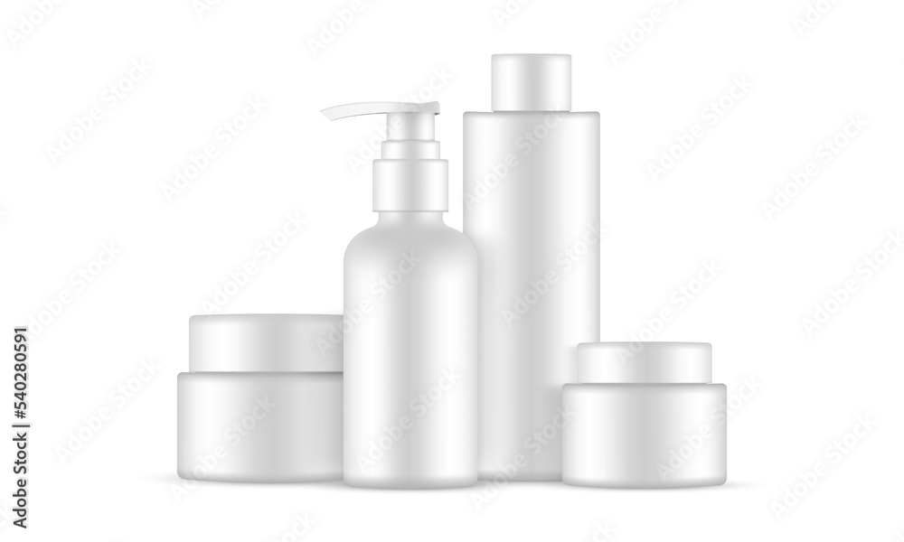 Blank Plastic Cosmetic Packaging Set: Jars, Pump and Shampoo Bottles, Isolated on White Background. Vector Illustration Blank Plastic Cosmetic Packaging Set: Jars, Pump and Shampoo Bottles, Isolated on White Background. Vector Illustration