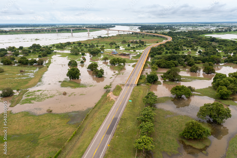 Flooded area around the Roncador bridge as a result of the overflow of the Magdalena River. Colombia.