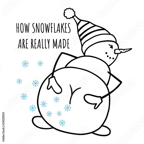 How snowflakes are really made. Funny Snowman with snowflakes.  Isolated object on white background. Christmas, Happy New Year design for invitation, poster, card, postcard