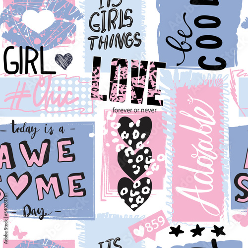 Girls seamless pattern with calligraphic slogan, hearts, words  . background for texylie, graphic tees, kids wear. Wallpaper for teenager girls. Fashion style