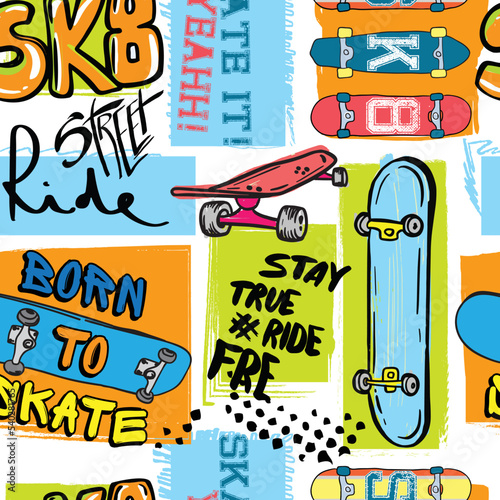 skateboard pattern. Seamless bright abstract pattern with skateboard. Prints for T-shirts, textiles, clothes, sports, and more