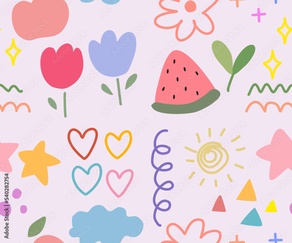 Naklejka premium Vector seamless pattern Cute kawaii set with flower and star and apple Doodle art for decoration , sticker , other