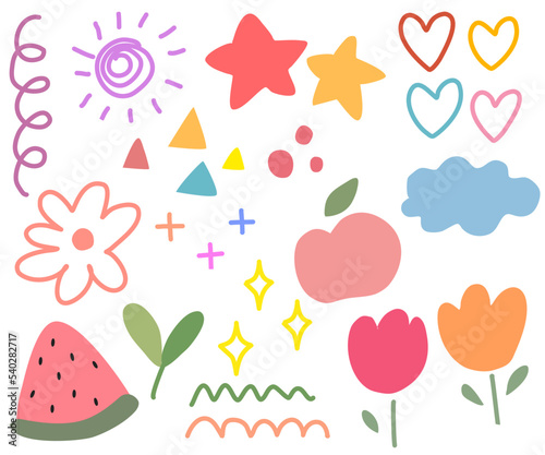 Cute kawaii sticker set with flower and star and apple Doodle art for decoration , sticker , other