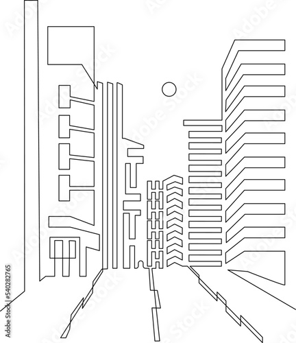 Megacity with skyscrapers. High-rise buildings on the sides of the road. Sunrise or sunset or moon. Continuous line drawing. Vector illustration.