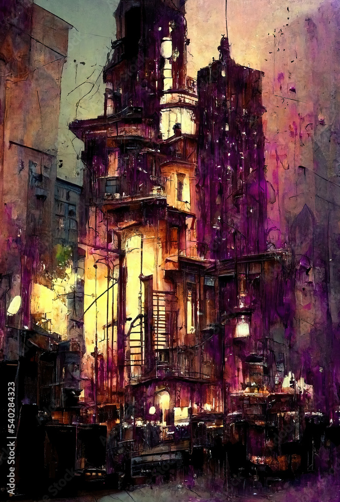 grungy city watercolor in purple brown