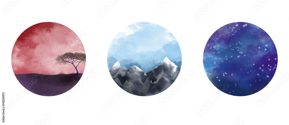 Circular background, African savannah, mountains, night sky. Hand colored watercolor drawing. For vintage scrapbooking and illustrations. Circular background, African savannah, mountains, night sky. Hand colored watercolor drawing. For vintage scrapbooking and illustrations.