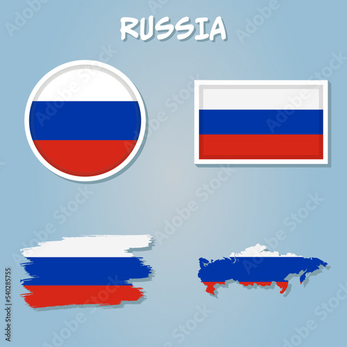 Map of Russian Federation with national flag isolated on blue background.